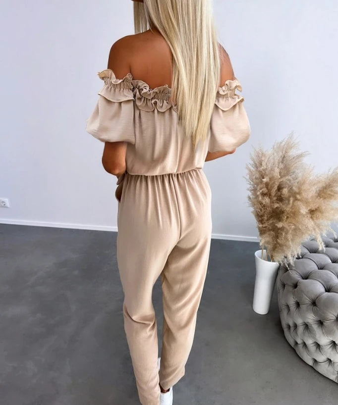 Women's Urban Style Romper Bodysuit 2025 Spring Summer Latest Sweet High Waist Off Shoulder Frill Hem Tied Detail Jumpsuit
