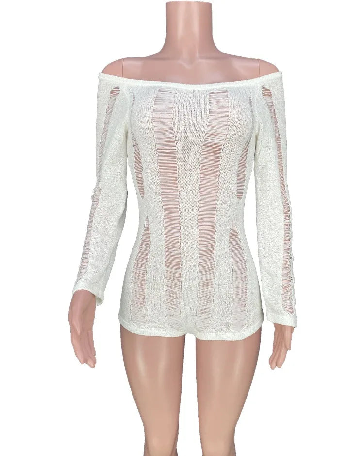 Leosoxs Rip Romper Women See Through Summer One Word Collar Backless Sexy Skinny Fitness Playsuit Activity Party Clubwear