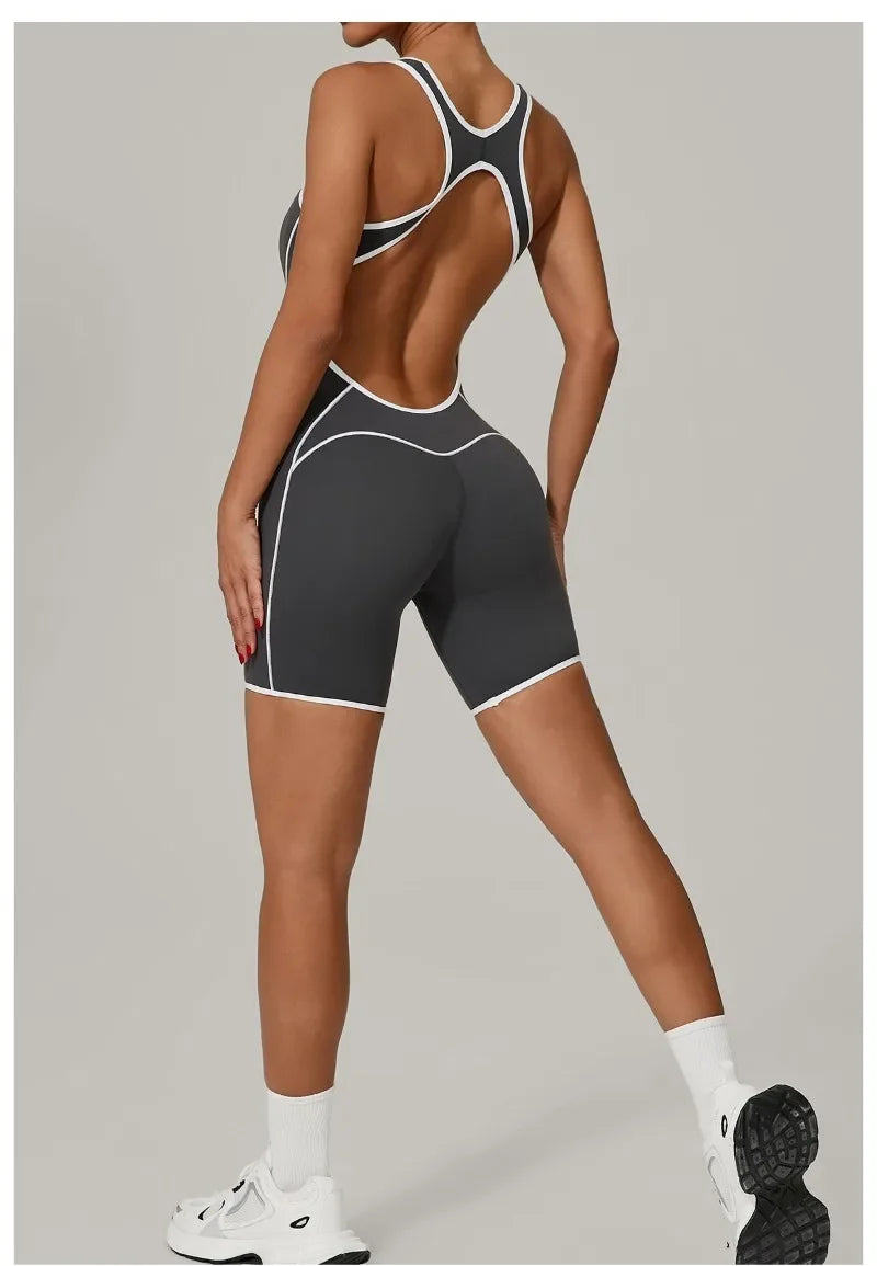 New Women's Seamless Yoga Romper - Fashion Open Back Color Contrast Sculpting Butt-Lifting Bodysuit for Running Gym Workout
