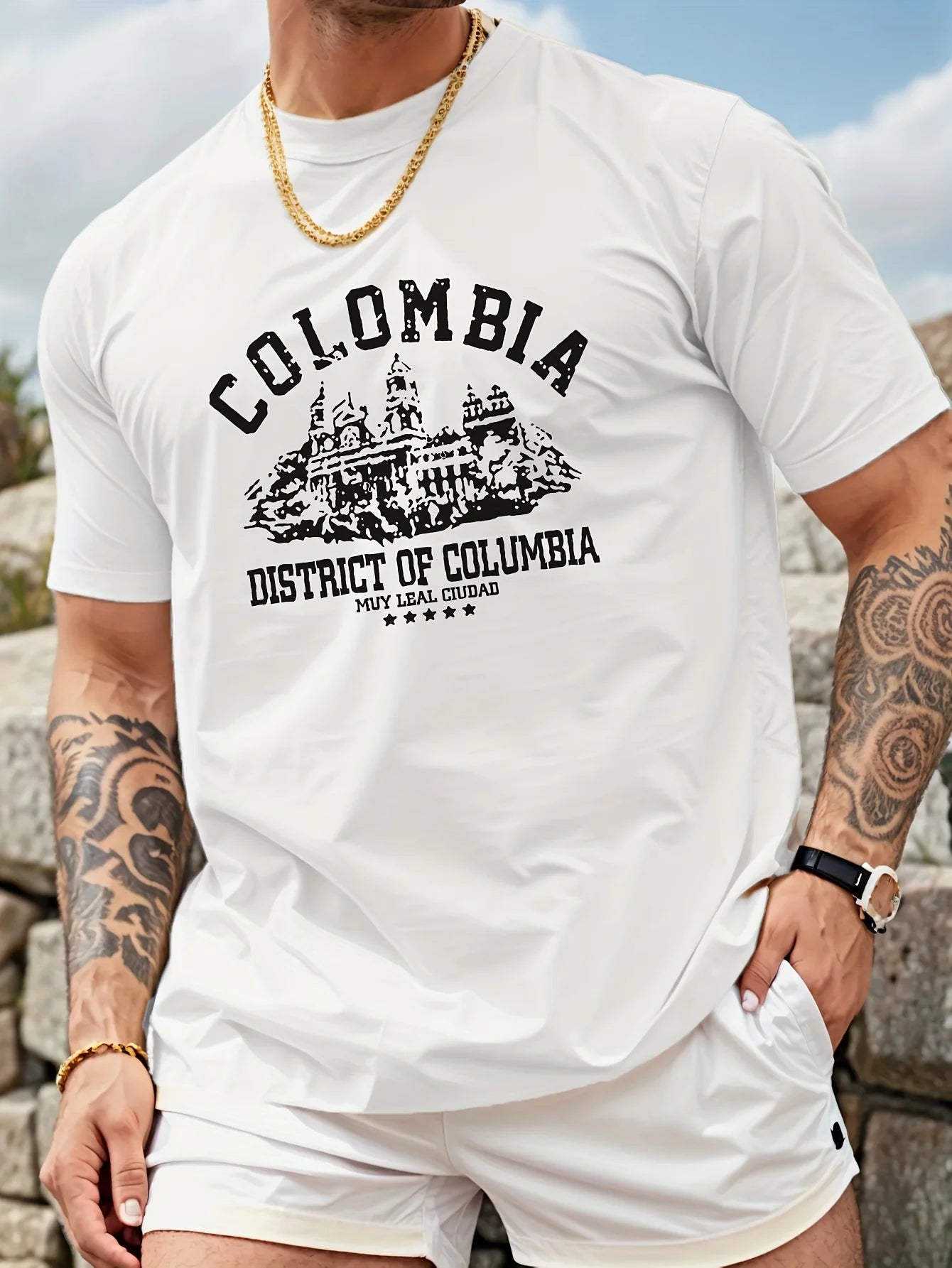 Men's summer 100% pure cotton fashionable casual loose Colombian architectural letter printed round neck short sleeved T-shirt