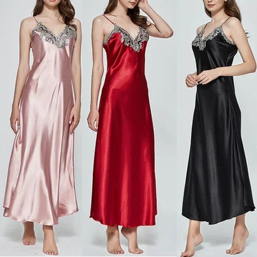 Ladies Night Long Hot Dress Womens Satin Silk Lace Sleeveless Embroidery Sexy Costumes Exotic Pajamas Favorite Life Interest