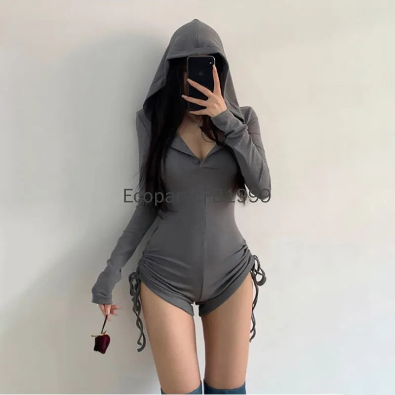 New Women Sexy Wasteland Style Hooded Rompers Spring Summer Solid Color Thin Long Sleeve Drawstring Shorts Spicy Girl Jumpsuit