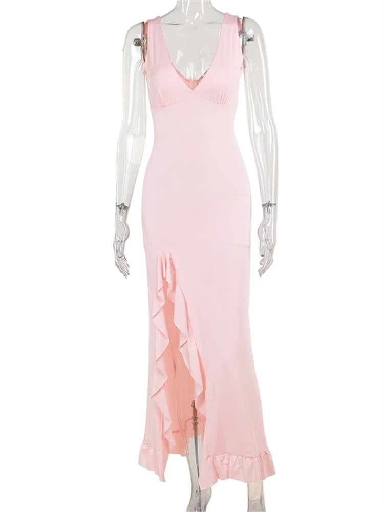 Ladies Summer Ruffle Evening Birthday Party Dress Women Sleeveless Backless Side Slit Long Dresses Clubwear Woman Clothes 2025