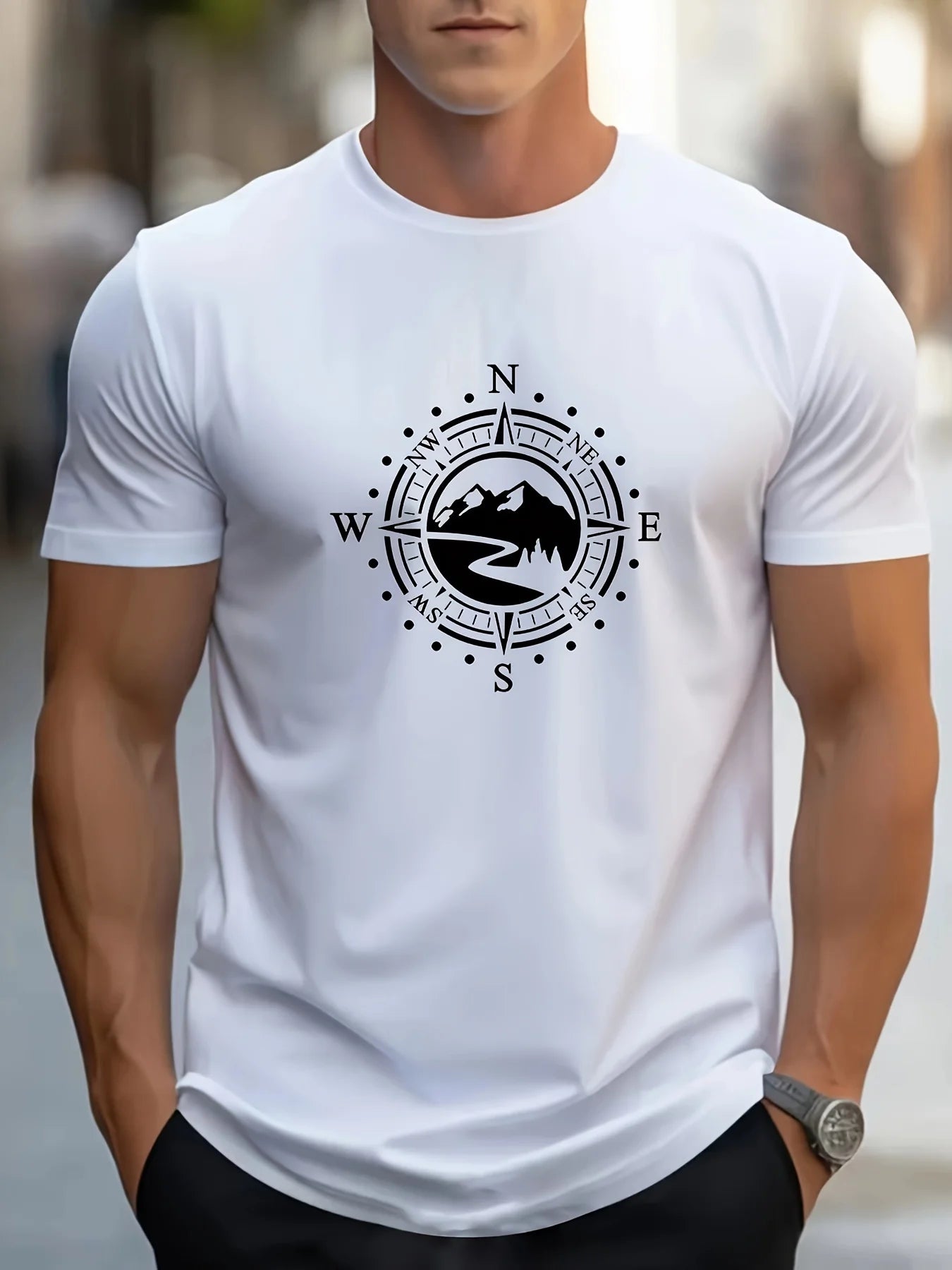 Summer Men's 100% Cotton Casual Loose Large Compass Pattern Printed Sports Comfortable Round Neck Short Sleeve T-shirt Top