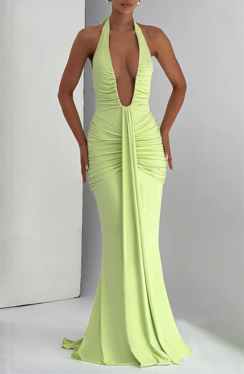 Suninbox Deep V Neck Backless Ruched Sexy Maxi Dress Women Gown Summer Halter Sleeveless Draped Club Party Long Dress 2025