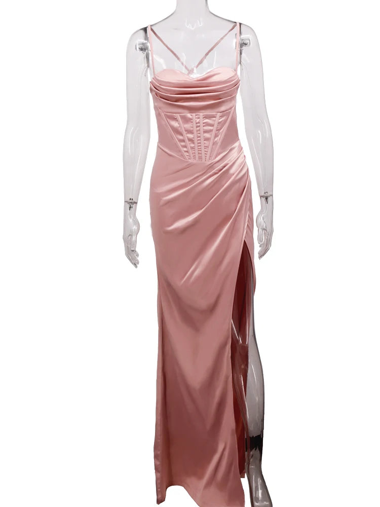 New Summer Prom Dress Women'S Sling Sleeveless Solid Color Dress One Word Neck Slim Fit Open Back Slit Red Sexy Dress