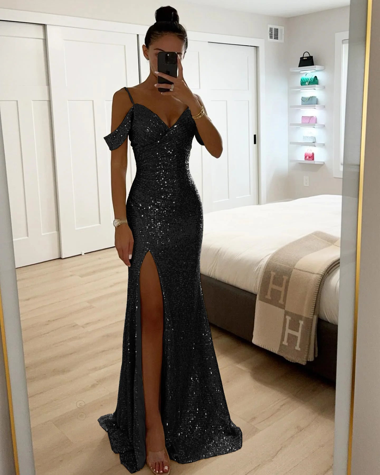 Ladies Fashion V Neck Shiny Sequin Party Dress Elegant Wrap Chest Slim Long Dress 2025 Casual Solid Color Split Evening Dresses