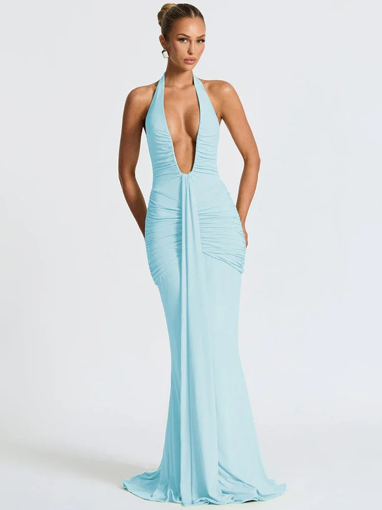 Suninbox Deep V Neck Backless Ruched Sexy Maxi Dress Women Gown Summer Halter Sleeveless Draped Club Party Long Dress 2025