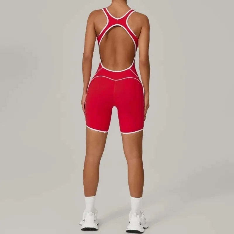 New Women's Seamless Yoga Romper - Fashion Open Back Color Contrast Sculpting Butt-Lifting Bodysuit for Running Gym Workout