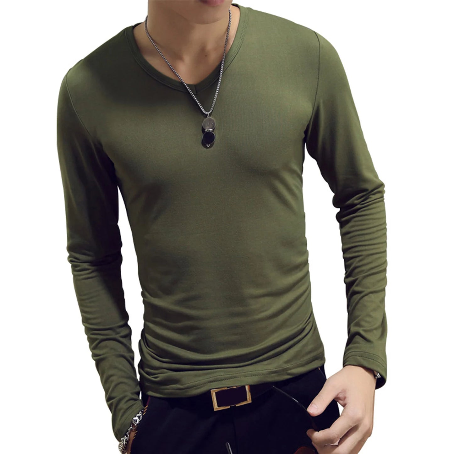Mens Clothing Fashion V Neck Slim Fit T-shirt Long Sleeve Simple Classic Style Undershirt Casual Solid Color Tees Tops
