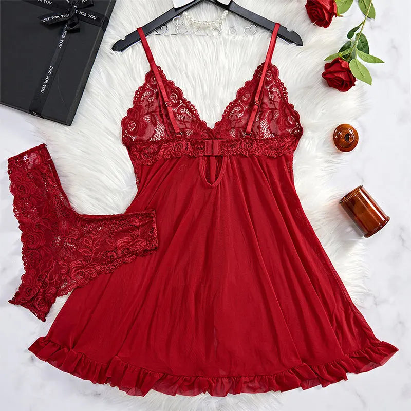 Pink Sweet Nightgown Female Elegant Sleep Dress Hot V-neck Bra Transparent Milk Silk Underwear Women's Pajamas With Panties Set