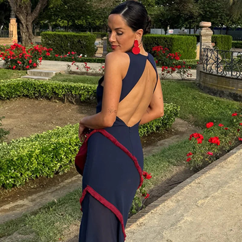 Elegant See Through Spliced Maxi Dress  O Neck Sleeveless Party Robes Tassel Side Hem Fork Vestidos 2025 New Lady Club Dresses