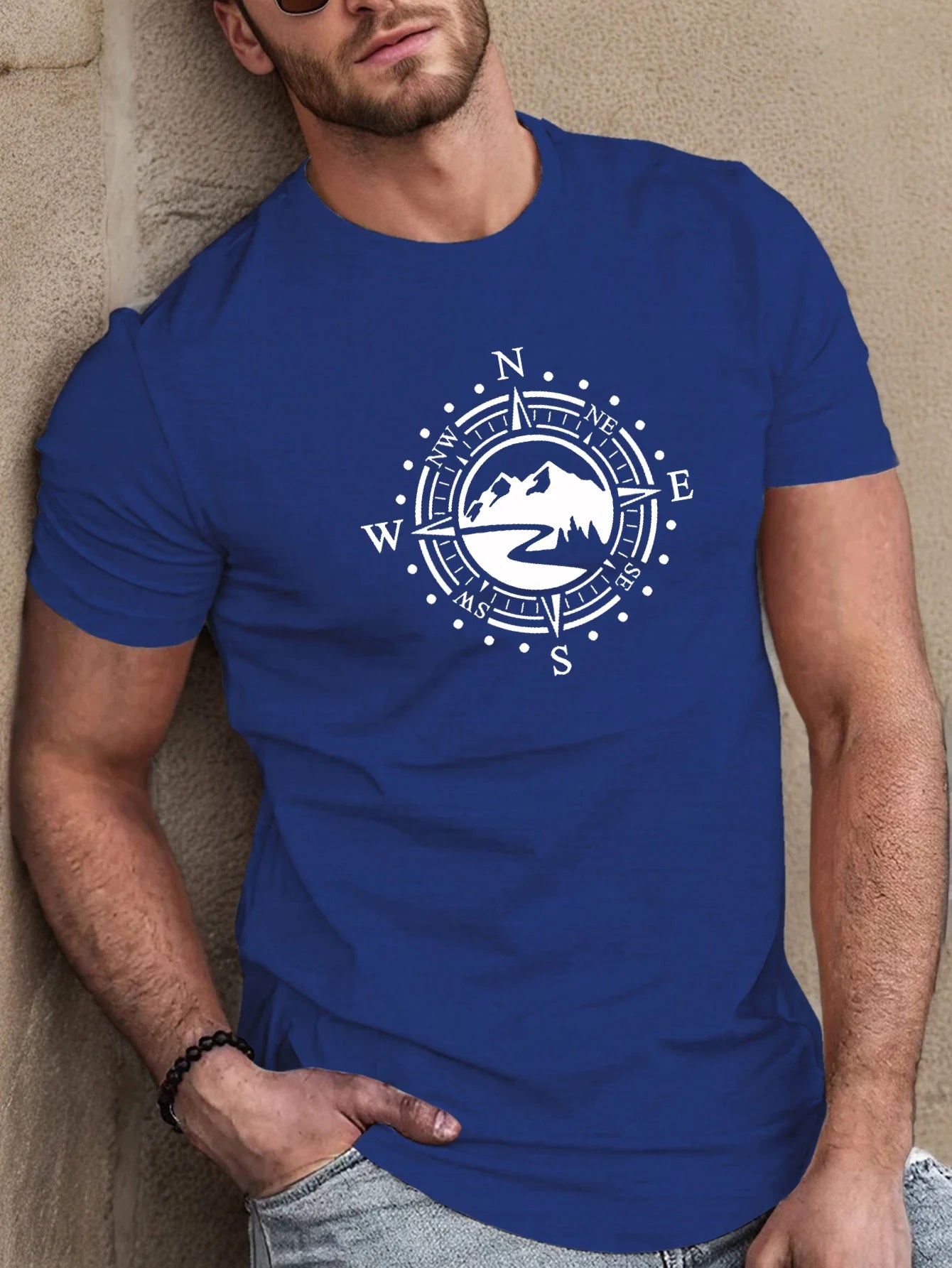 Men's summer 100 cotton fashionable casual loose plus size Compass pattern printed sports round neck short sleeved T-shirt top