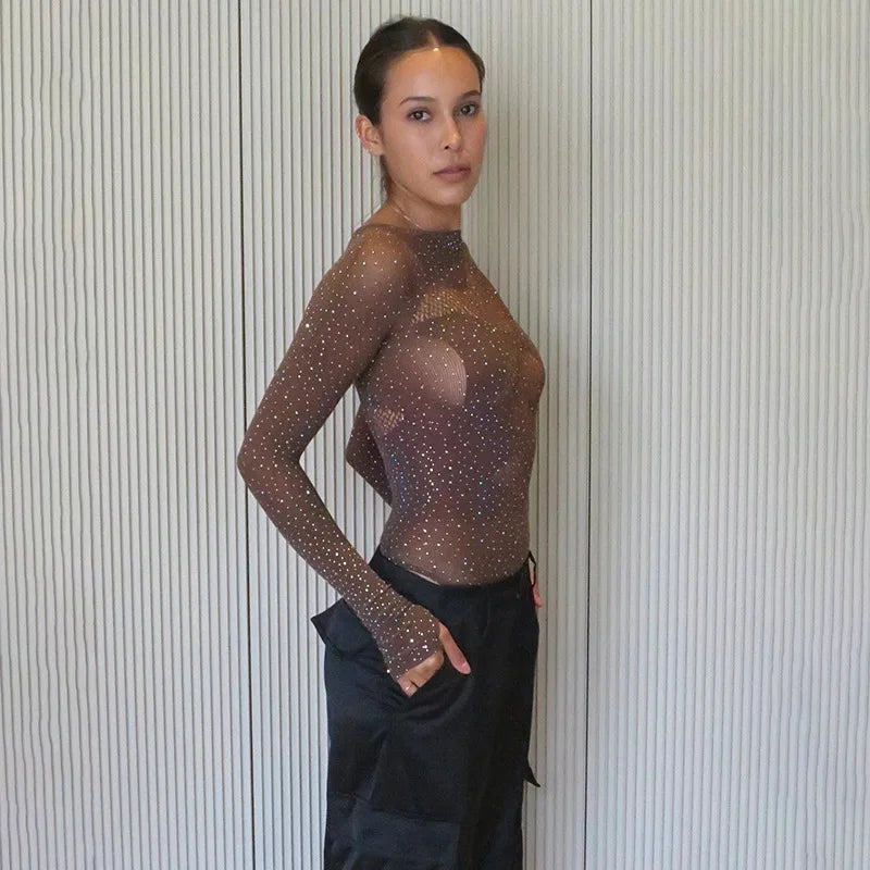 Long sleeve bodysuits sexy Summer outfit body suits women y2k clothes black bodysuit knitted rhinestone body suits seethrough