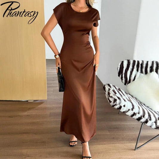 Phantasy Elegant Temperament Dresses Fashion Short Sleeved Solid Color Casual Long Skirt Slim Fit Long Dress Female Clothing ﻿