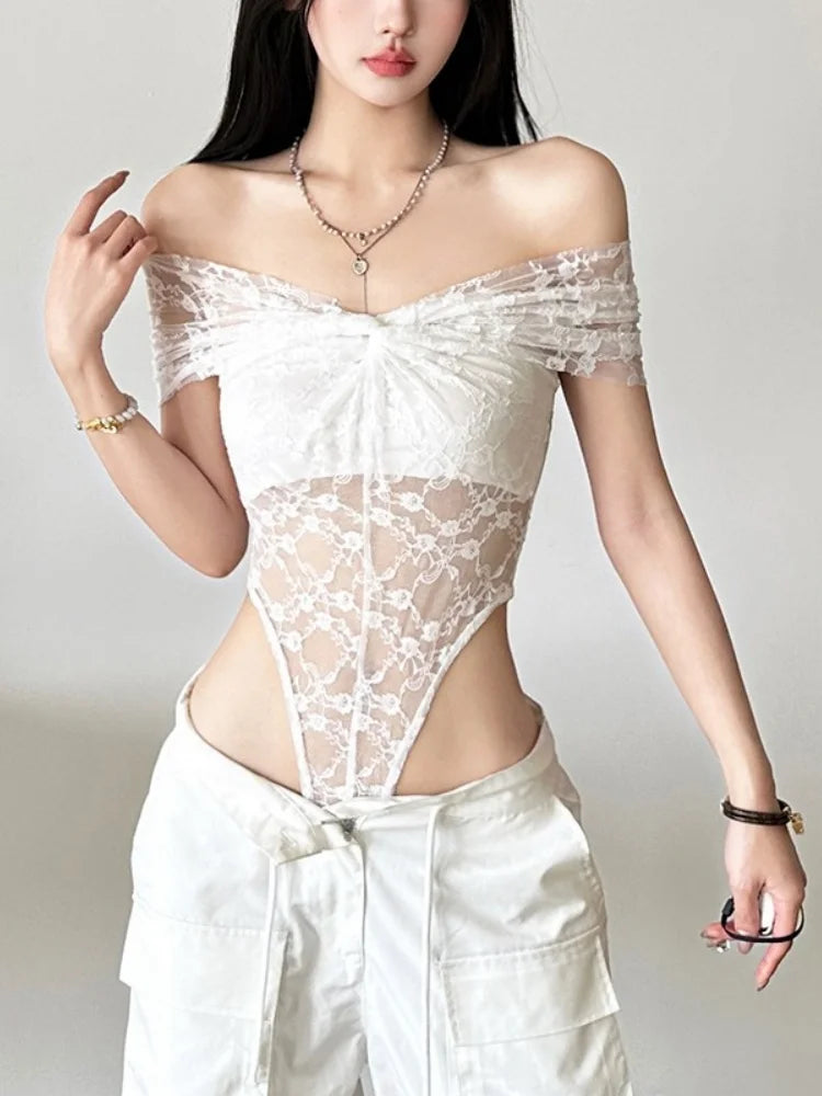 Solid Bodysuit Off Shoulder Lingerie Sexy Body Feminino See Through Lace One-pieces Bustier Black Tops Women Festival Outfits