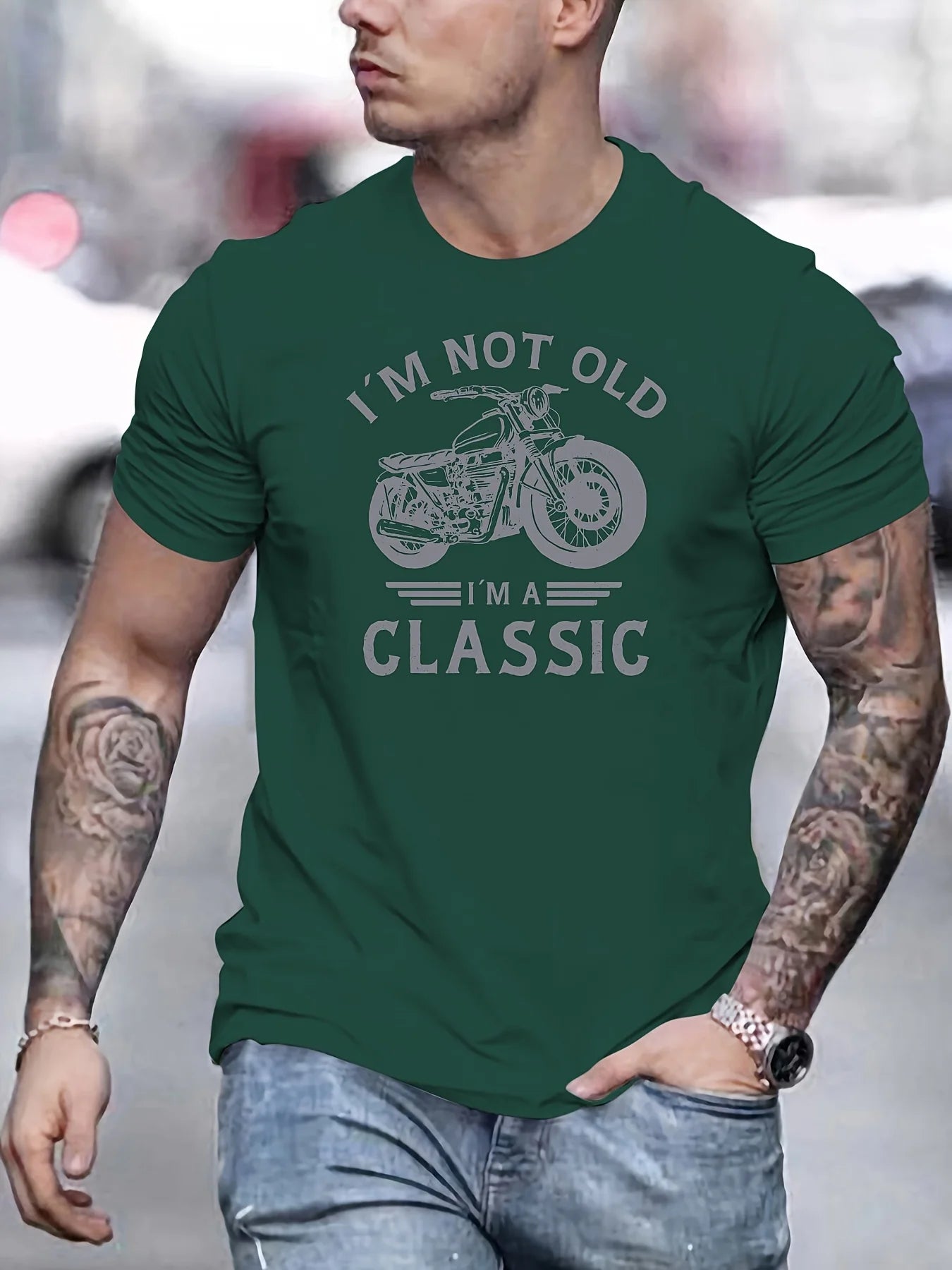 Summer men's 100% pure cotton casual loose oversized classic motorcycle creative printed round neck short sleeved T-shirt top