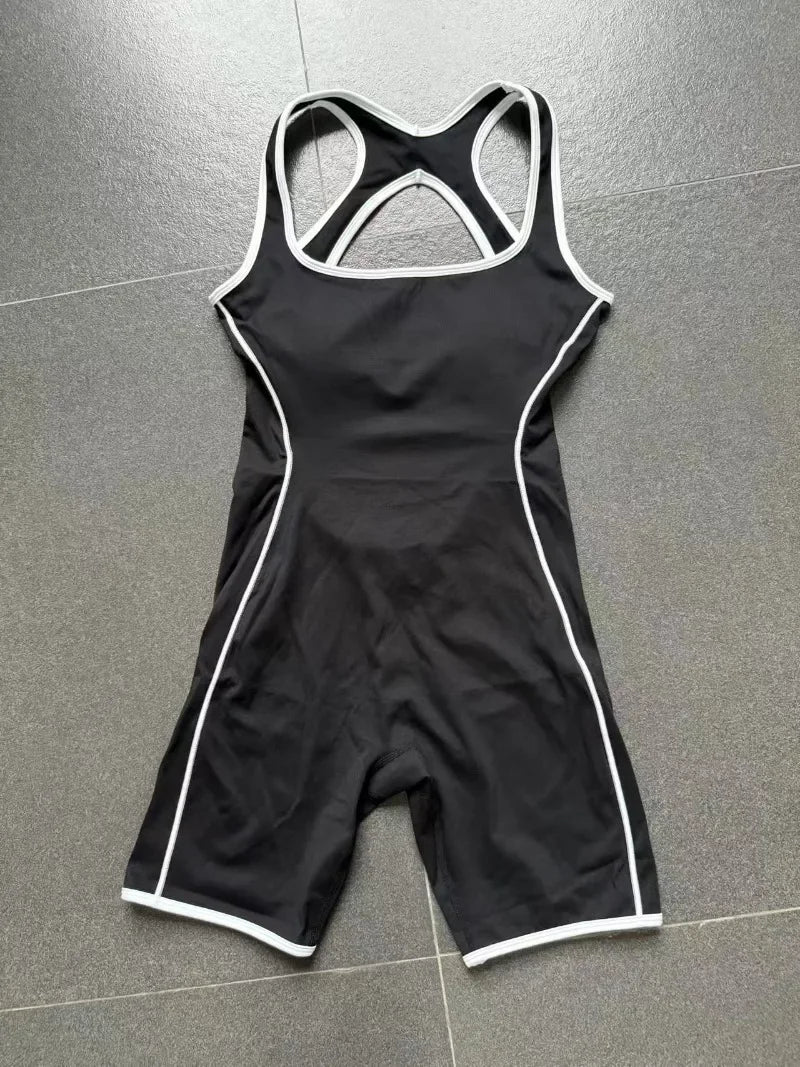 New Women's Seamless Yoga Romper - Fashion Open Back Color Contrast Sculpting Butt-Lifting Bodysuit for Running Gym Workout