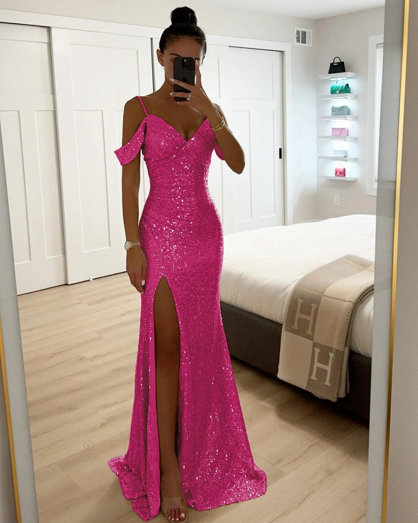Ladies Fashion V Neck Shiny Sequin Party Dress Elegant Wrap Chest Slim Long Dress 2025 Casual Solid Color Split Evening Dresses