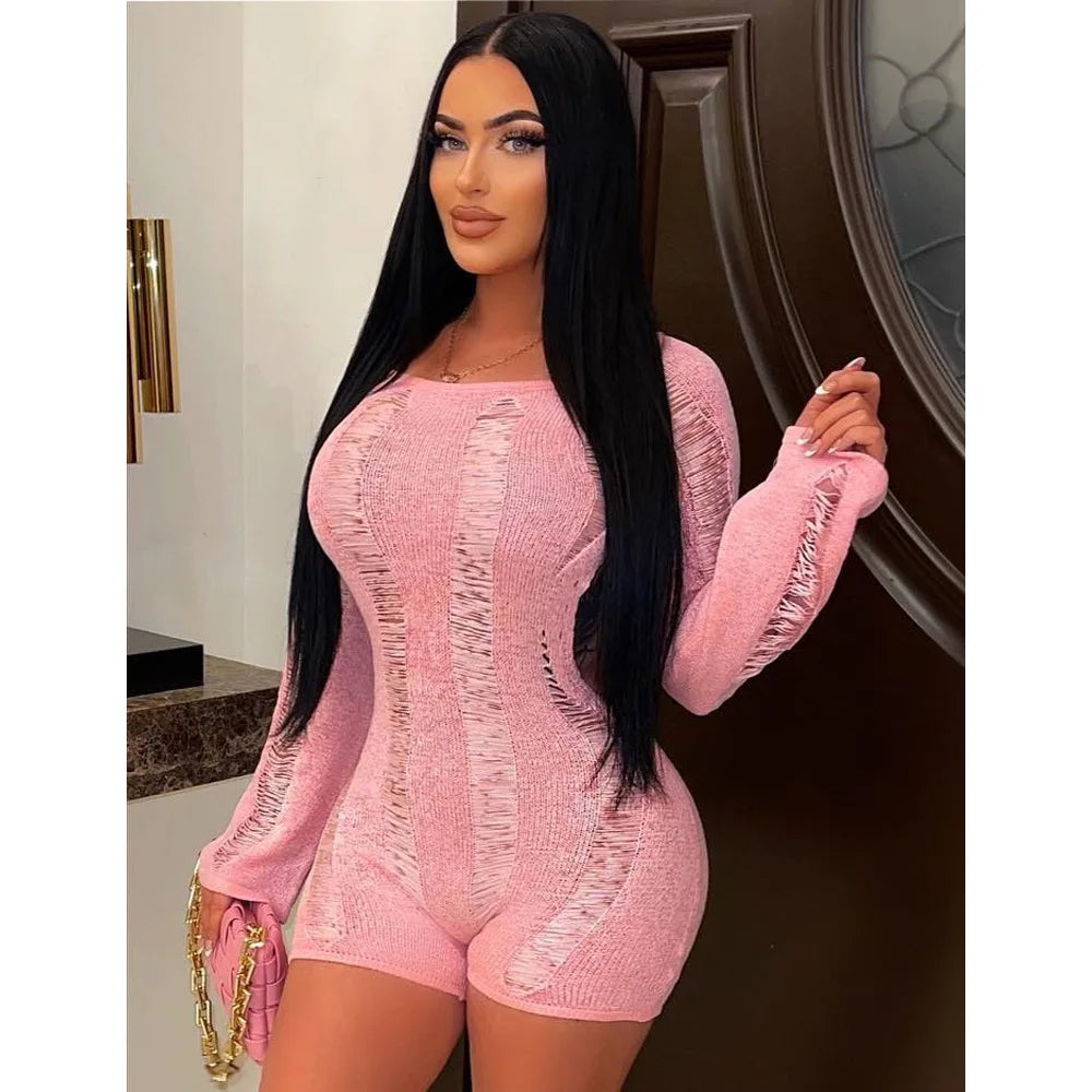 Leosoxs Rip Romper Women See Through Summer One Word Collar Backless Sexy Skinny Fitness Playsuit Activity Party Clubwear