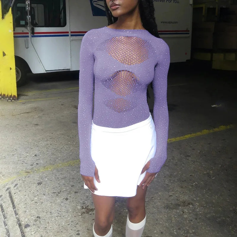 Long sleeve bodysuits sexy Summer outfit body suits women y2k clothes black bodysuit knitted rhinestone body suits seethrough