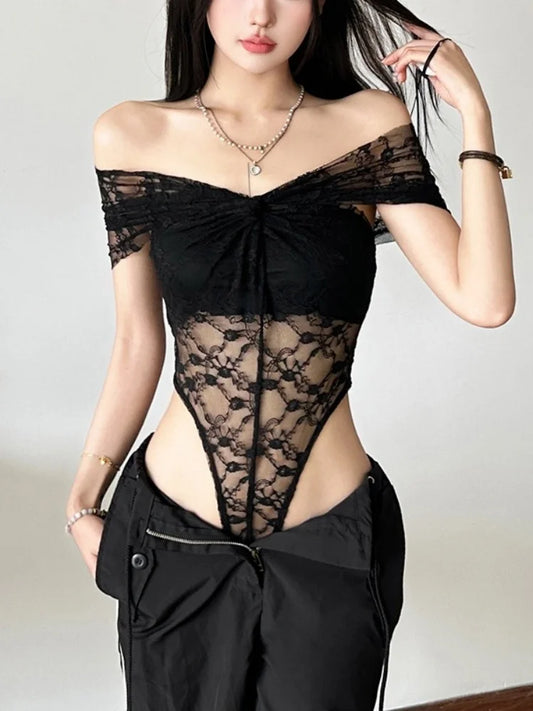 Solid Bodysuit Off Shoulder Lingerie Sexy Body Feminino See Through Lace One-pieces Bustier Black Tops Women Festival Outfits