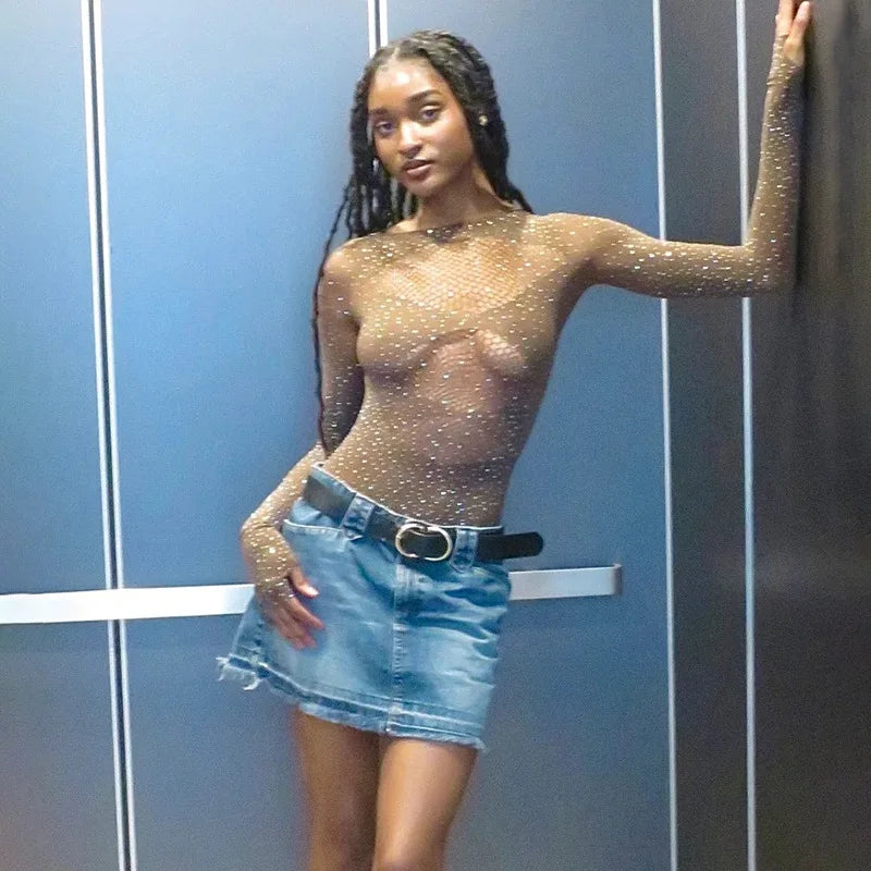 Long sleeve bodysuits sexy Summer outfit body suits women y2k clothes black bodysuit knitted rhinestone body suits seethrough