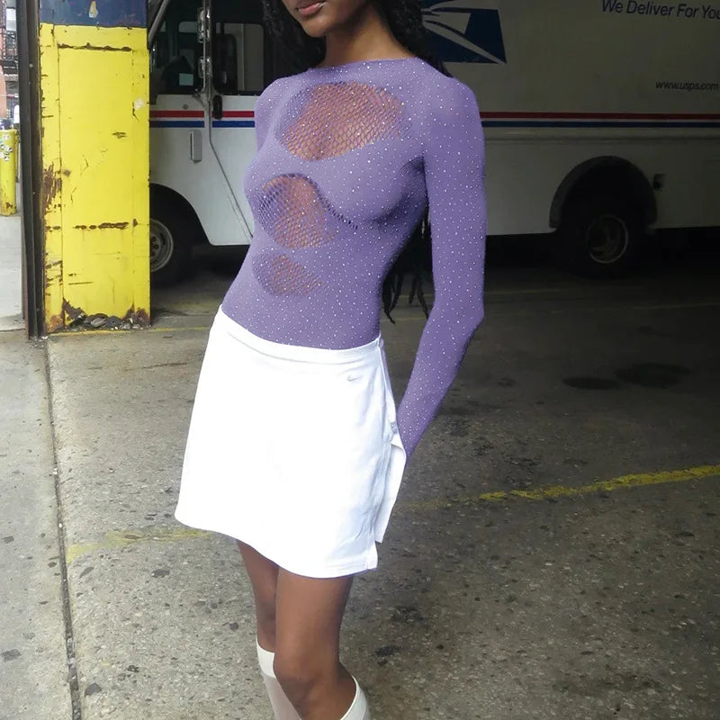 Long sleeve bodysuits sexy Summer outfit body suits women y2k clothes black bodysuit knitted rhinestone body suits seethrough