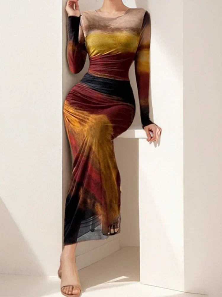 Elegant Womens Dresses Spring Autumn Sexy Stripe Long Sleeves O Neck Dress Fashionable Slim Fit High Waisted Hip Hugging Dress