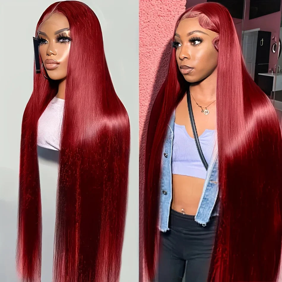 99J Colored Lace Front Human Hair Wigs Straight Burgundy 13x4 HD Transparent Full Lace Frontal Wig Red Glueless Wigs For Women
