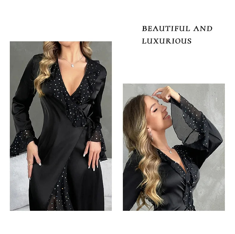 Ladies New Fashion V-neck Long-sleeved Sequined Pajamas Female Satin Nightgown Home Clothes Pijamas Women