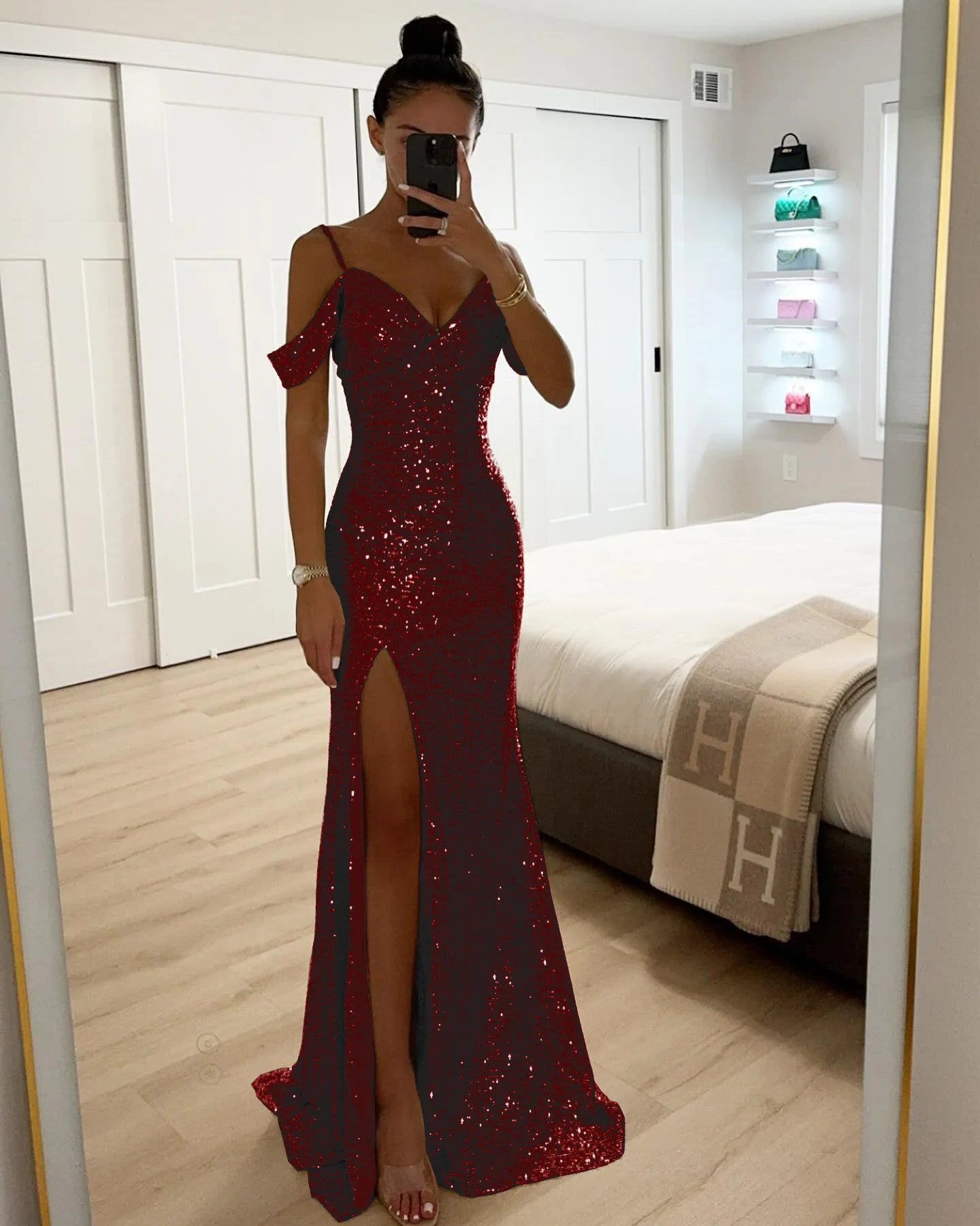 Ladies Fashion V Neck Shiny Sequin Party Dress Elegant Wrap Chest Slim Long Dress 2025 Casual Solid Color Split Evening Dresses