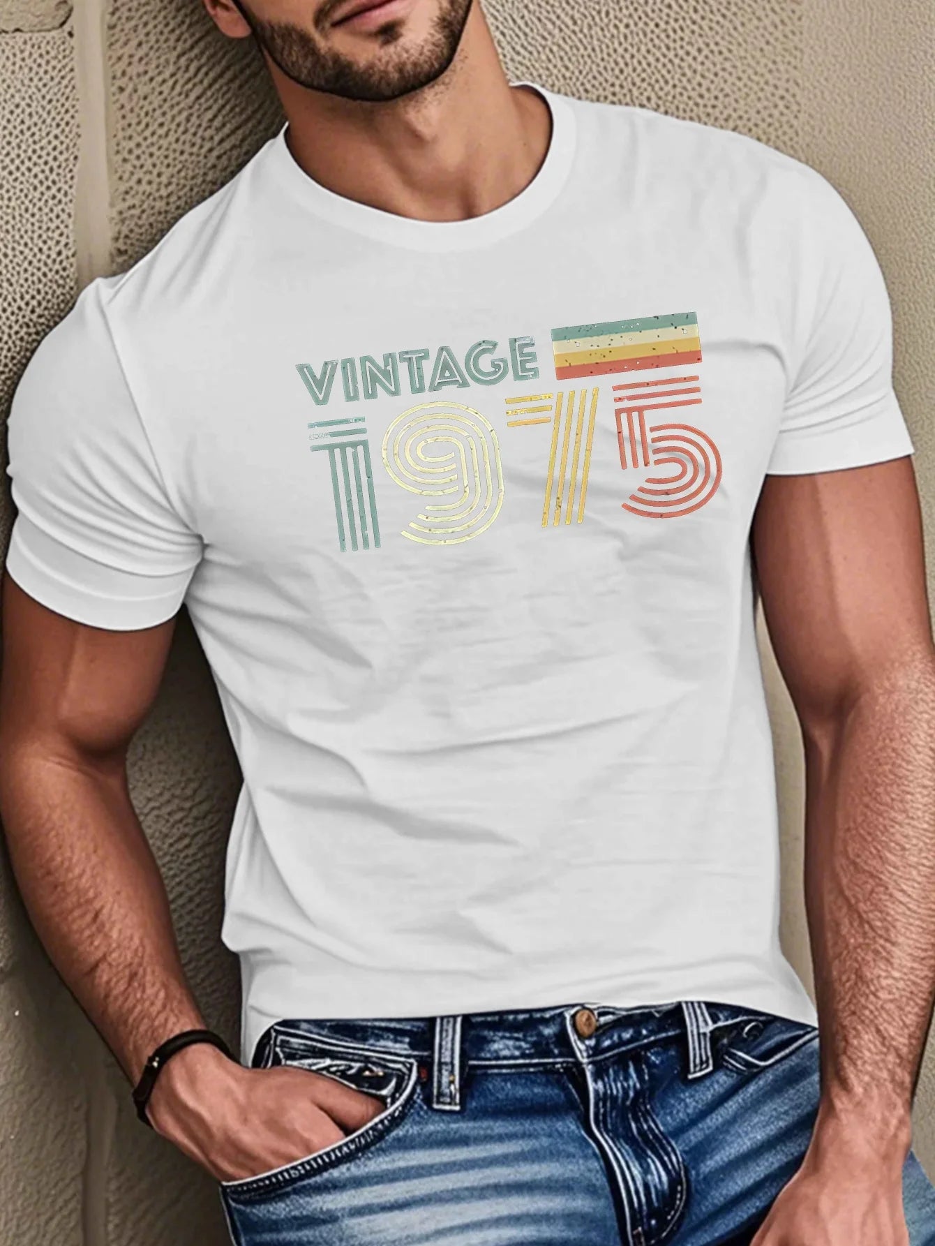 Men's summer 100% pure cotton fashionable casual loose vintage 1975 letter printed sports round neck short sleeved T-shirt top