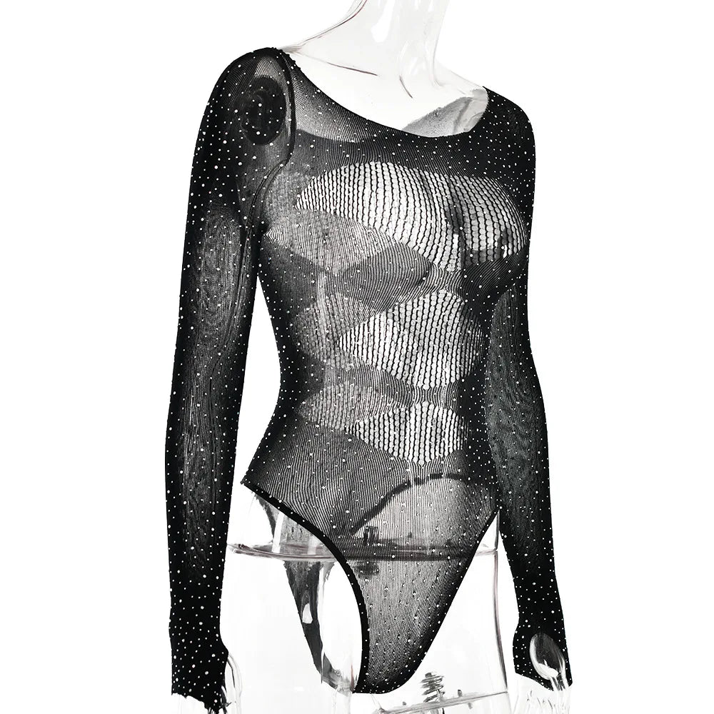 Long sleeve bodysuits sexy Summer outfit body suits women y2k clothes black bodysuit knitted rhinestone body suits seethrough