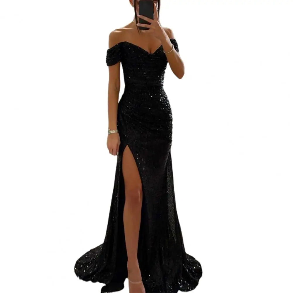 Elegant Gown Dress V-Neck Off Shoulder Maxi Dress Sequin Pleated Waist Tight Evening Party Dress Sexy Split Long Dreses