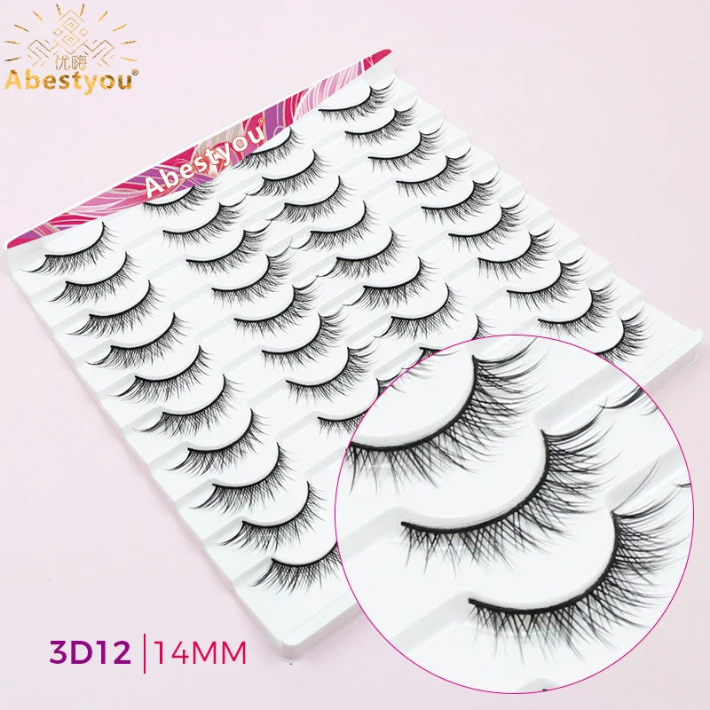 Abestyou 11-18mm 20pairs Natural Fake EyeLashes Book Individual Wispy Thick Faux Mink Cat Eye Lashes Makeup Tools