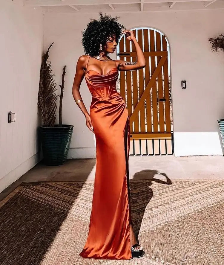 New Summer Prom Dress Women'S Sling Sleeveless Solid Color Dress One Word Neck Slim Fit Open Back Slit Red Sexy Dress