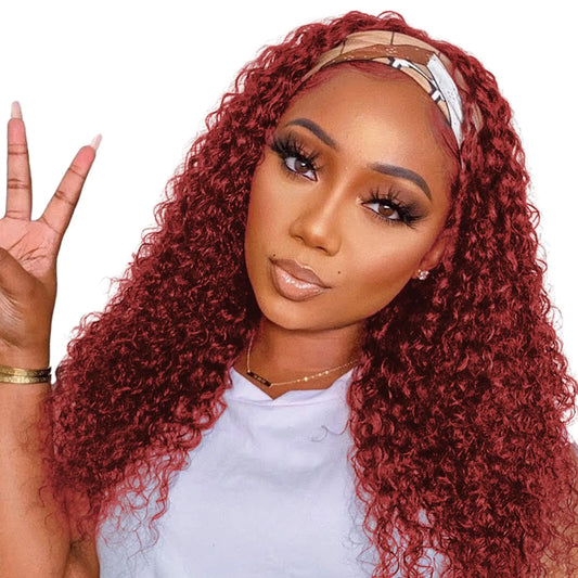 99J Burgundy Headband Wig Human Hair Deep Wave Headband Wigs Red Wine Water Wave Half Wigs Human Hair Wigs for Black Women