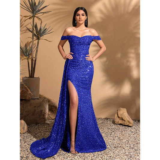 Elegant off-the-shoulder pleated side-skirt party dress