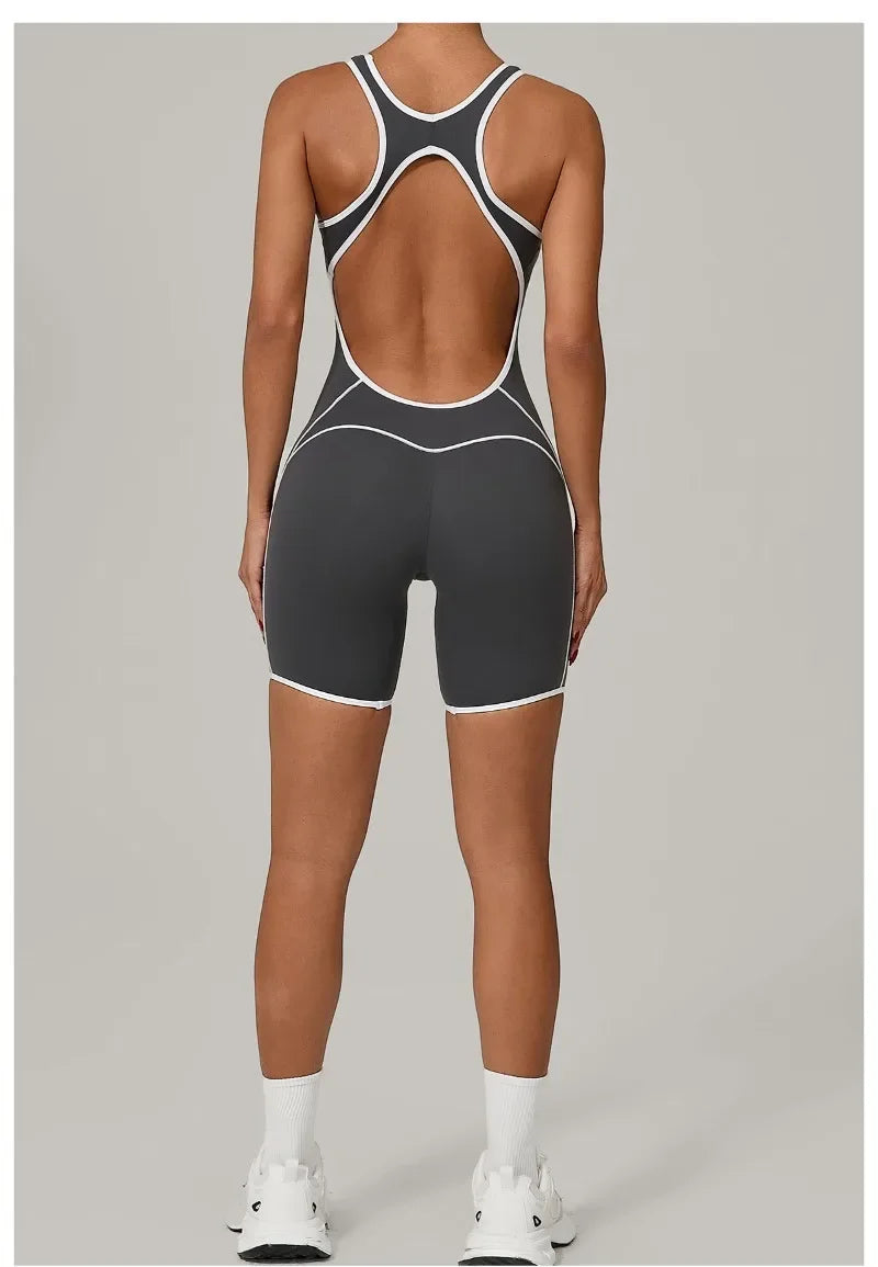 New Women's Seamless Yoga Romper - Fashion Open Back Color Contrast Sculpting Butt-Lifting Bodysuit for Running Gym Workout
