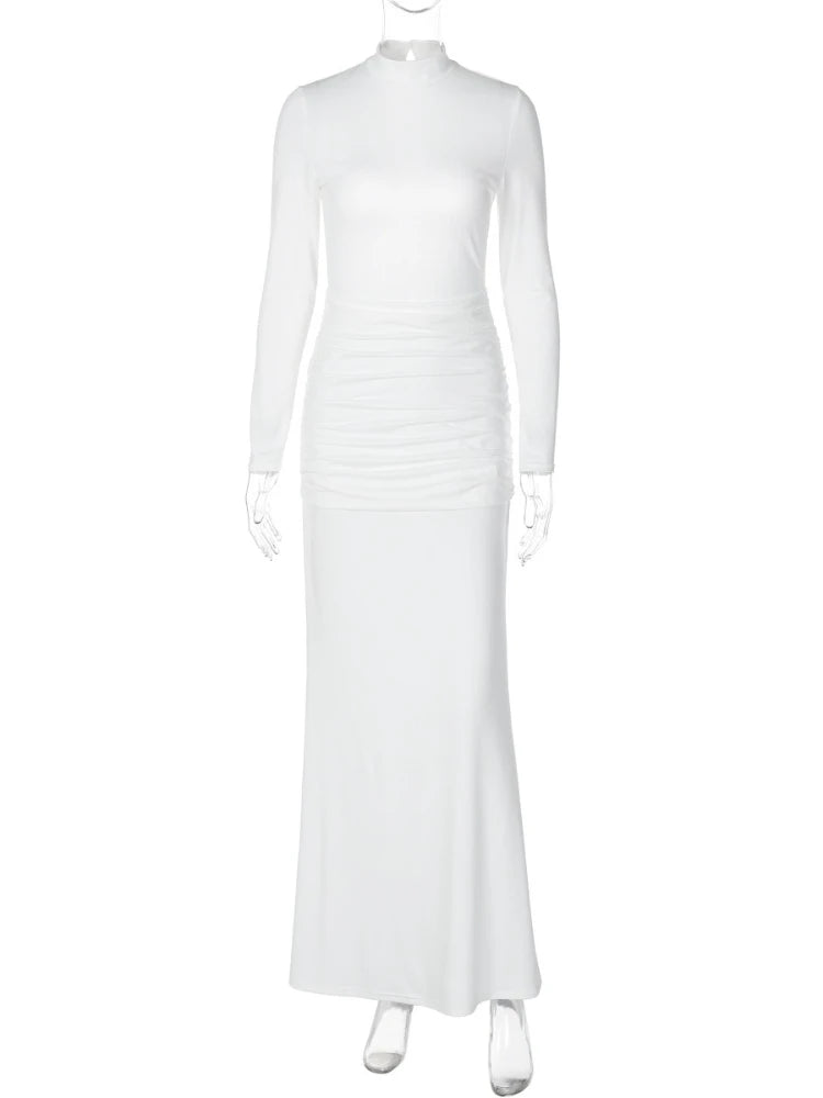 Elegant Backless Long Party Dresses for Women 2025 Autumn Long Sleeve High Waist Bodycon Tunics Folds Maxi Evening Prom Dress