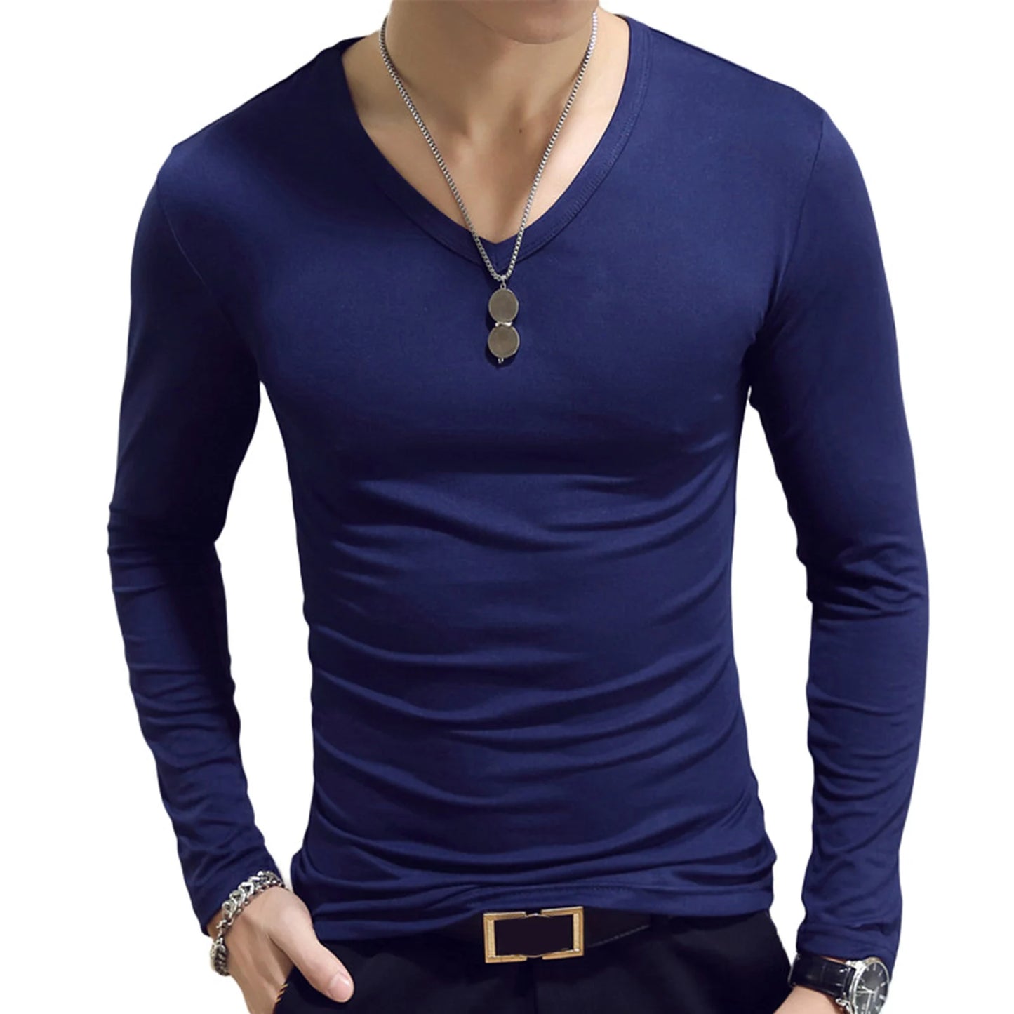 Mens Clothing Fashion V Neck Slim Fit T-shirt Long Sleeve Simple Classic Style Undershirt Casual Solid Color Tees Tops