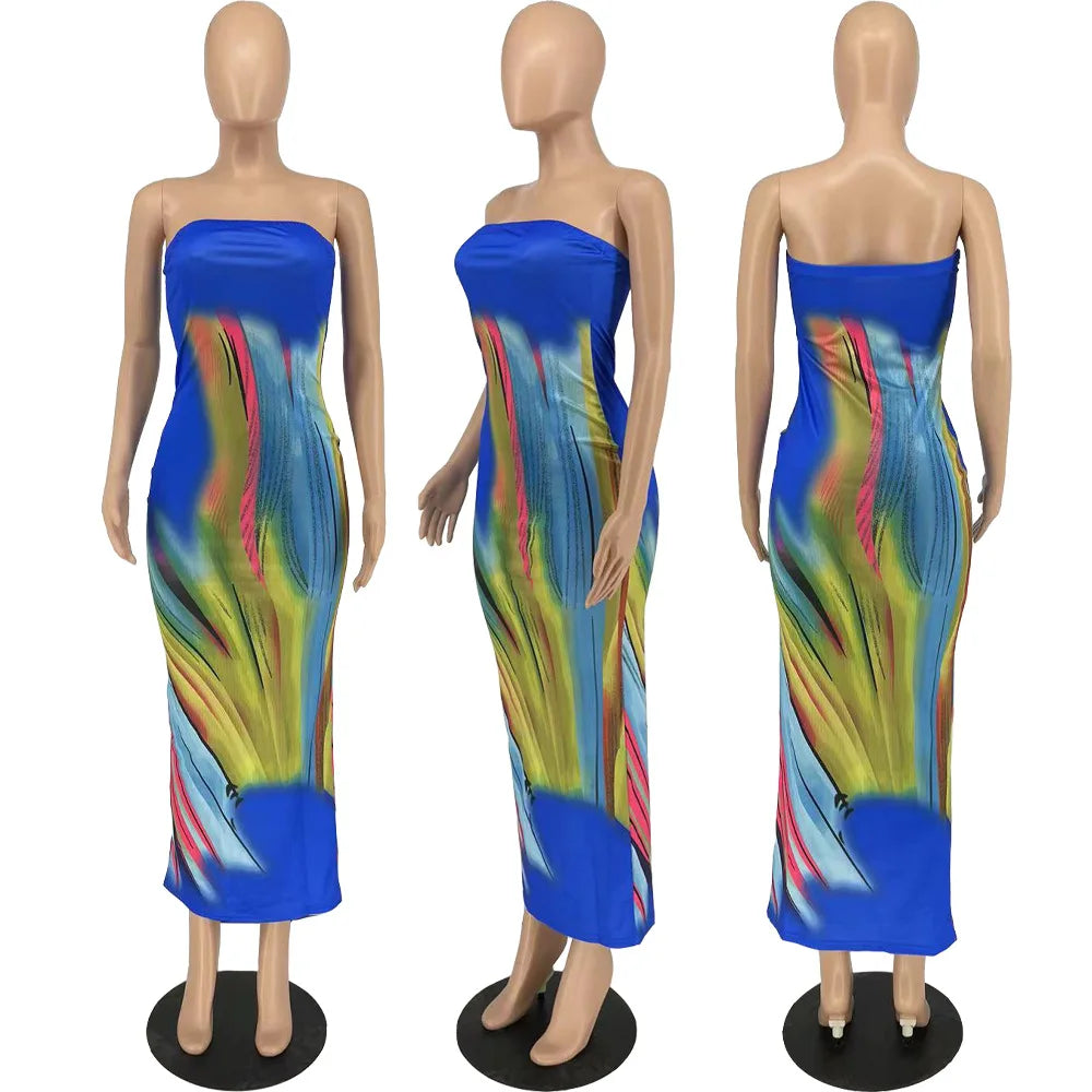 2025 Sundress Woman Summer Backless Tube Dresses Streetwear Casual Party Fashion Aesthetic Print Strapless Bodycon Maxi Dress