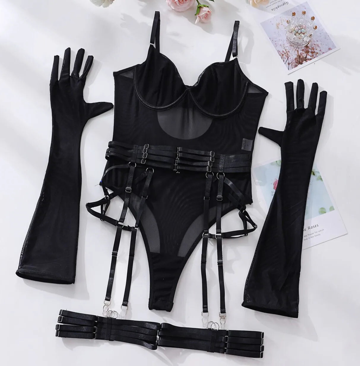 Bodysuit Sexy One-piece With Gloves Garters Mesh Women Rompers Clothing Body Suits Lace Jumpsuit Sweet Korean Women EV5W