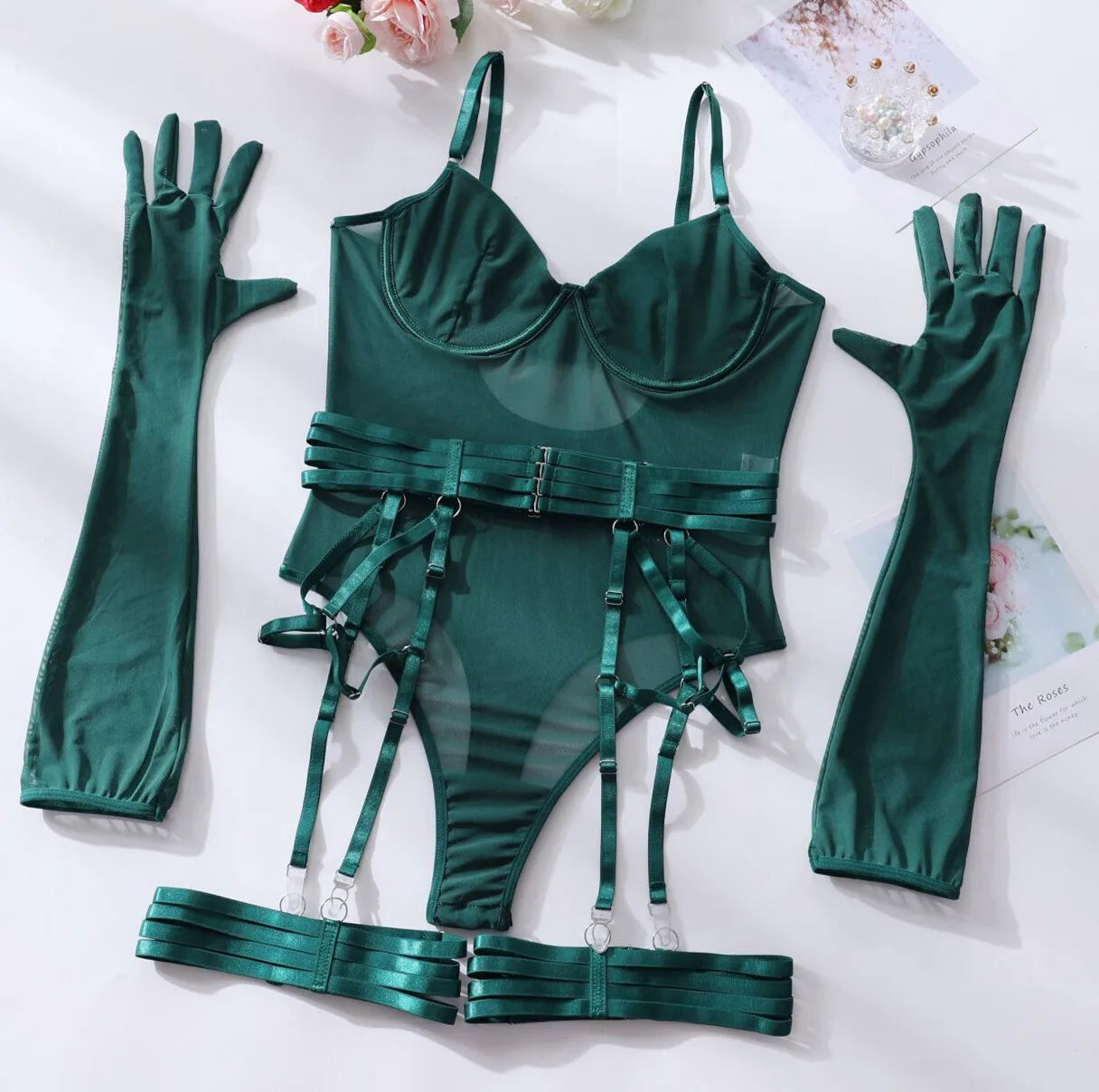 Bodysuit Sexy One-piece With Gloves Garters Mesh Women Rompers Clothing Body Suits Lace Jumpsuit Sweet Korean Women EV5W