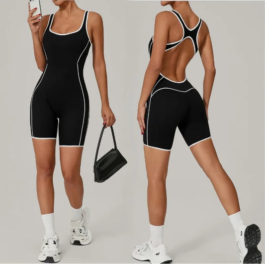 New Women's Seamless Yoga Romper - Fashion Open Back Color Contrast Sculpting Butt-Lifting Bodysuit for Running Gym Workout
