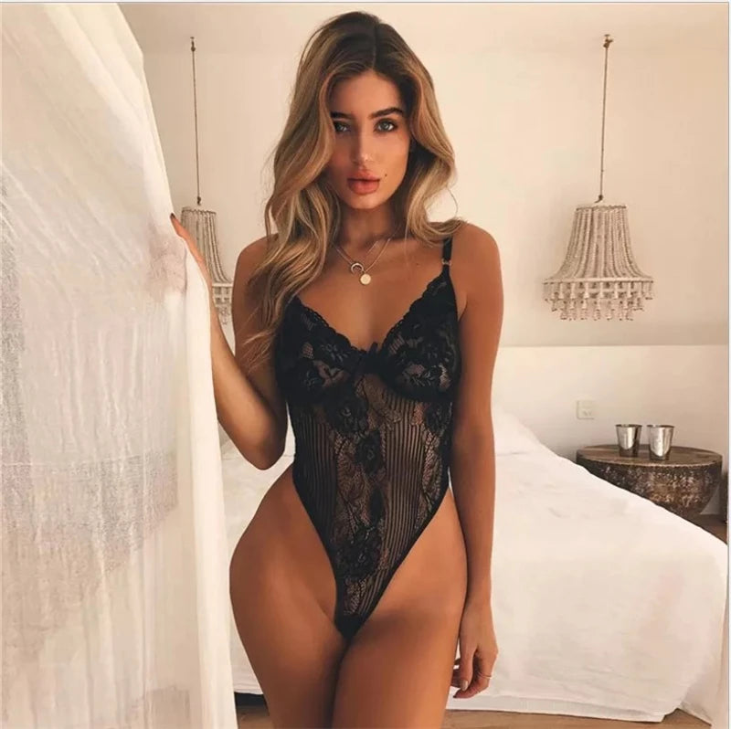 Big Size Lace Bodysuit Body Femme Hot Teddy Lingerie Transparent Sexy Outfits Mesh Bodysuit Thong Jumpsuit Overalls Party