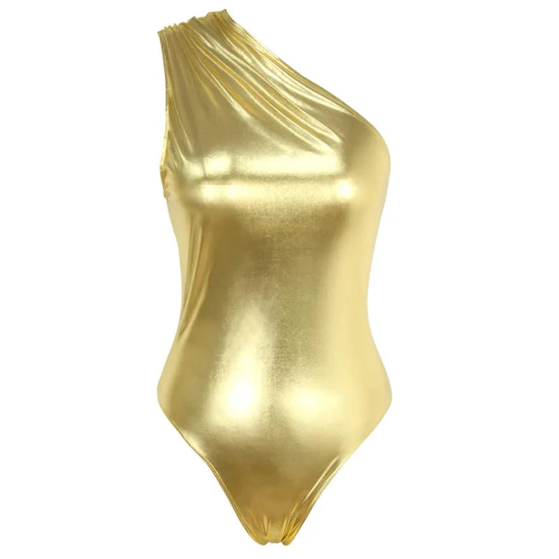 Women's Rompers Slanted Shoulder Onesie Patent Leather Retro Metallic Luster Nightclub Sexy Party Sleeveless Jumpsuit for Women