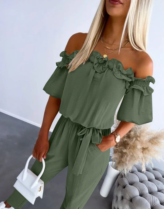 Women's Urban Style Romper Bodysuit 2025 Spring Summer Latest Sweet High Waist Off Shoulder Frill Hem Tied Detail Jumpsuit