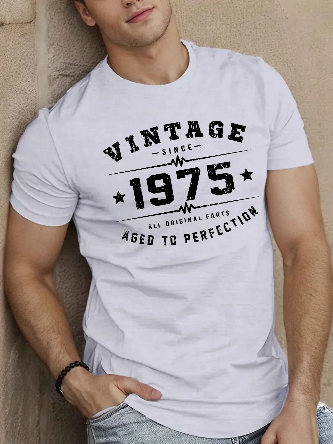 Men's summer 100 pure cotton fashionable casual loose oversized classic 1975 printed round neck short sleeved T-shirt top